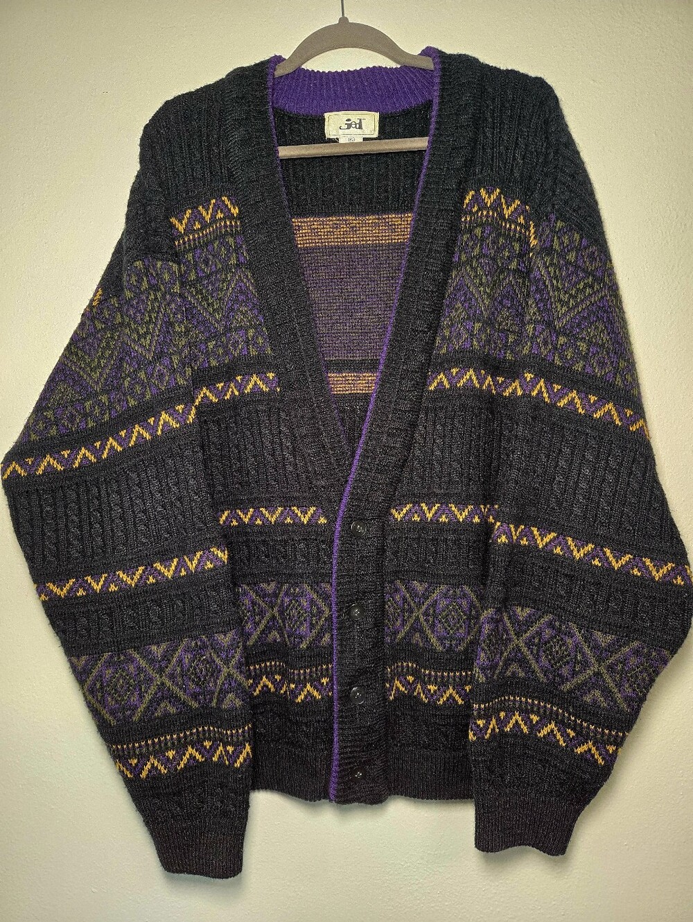 Vintage Jed Cardigan Sweater Mens XL Knit Wool Coogi Geometric Purple Gold 90s